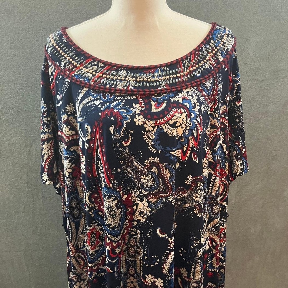 Catherines 1X Paisley Maxi Dress Beaded Neck Navy Blue Boho Whimsigoth Romantic - Picture 2 of 5